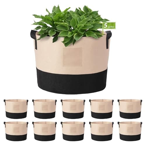 Image of LITLANDSTAR 5 Gallon Plant Grow Bags, 10 Pack Heavy Duty Thickened Nonwoven Fabric Plant Pots with Handles and Label Bags, Fabric Grow Bags for Growing Vegetables Flowers Herbs (Black Mixed Camel)
