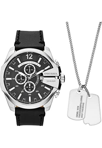 Image of Diesel Watch for Men Mega Chief, Chronograph Movement, 51 mm Silver Stainless Steel Case with a Leather Strap, DZ4559