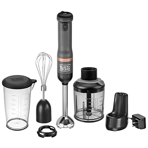 Image of BLACK+DECKER Kitchen Wand Cordless Immersion Blender, 3 in 1 Multi Tool Set, Hand Blender with Charging Dock, Whisk, and Chopper, Grey (BCKM1013K01)
