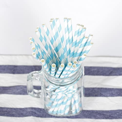 Image of 50 Pack Paper Straws, Blue Striped Party Drinking Straws for Birthday, Wedding, Baby Shower, Disposable Paper Straw for Cocktail Bubble Tea Celebrations Tableware Supplies