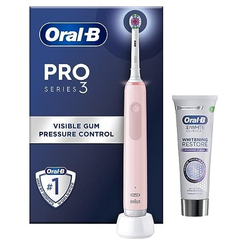 Image of Oral-B Pro 3 Electric Toothbrushes For Adults With Smart Pressure Sensor, Mothers Day Gifts For Her / Him, 1 Toothbrush Head, 1 3D White Whitening Restore Toothpaste, 75 ml, 2 Pin UK Plug, Pink