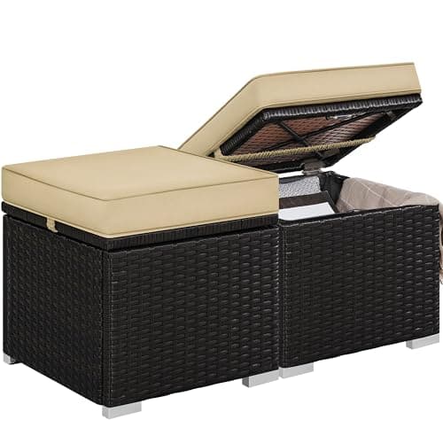 Image of Yaheetech Set of 2 Storage Ottomans with Removable Cushion, Patio Wicker Footstools Side Tables for Deck, Porch, Garden, Brown/Khaki