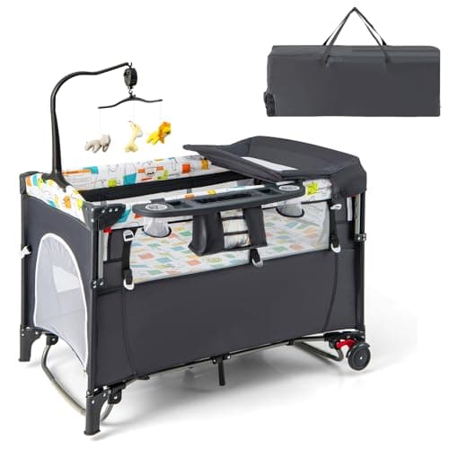 Image of COSTWAY 5 in 1 Travel Cot, Foldable Baby Bedside Sleeper with Bassinet, Diaper Changer, Mattress, Music Box, Hanging Toys, 4 Adjustable Heights Infant Crib from Newborn to Toddlers (Grey)