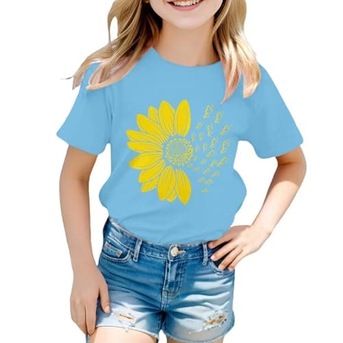Image of Girls Sunflower T Shirt Summer Cute Floral Print Kids Short Sleeve Tee Crew Neck Cotton Top Casual Loose Toddler School Athletic Tshirt Soft Comfy Outdoor (Sky Blue, 2-3 Years)