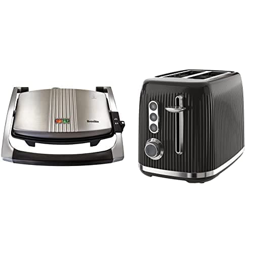 Image of Breville Sandwich/Panini Press & Toastie Maker | 3-Slice | Non-stick-coated aluminium plates [VST025] & Bold Black 2-Slice Toaster with High-Lift and Wide Slots | Black and Silver Chrome [VTR001]