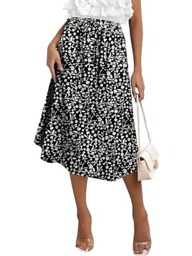 Image of KISSMODA Womens Midi Skirt High Waist A Line Boho Skirts Trendy Casual Work Elegant Summer Palazzo with Pockets Black White