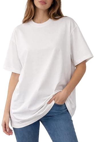 Image of Re Tech UK - 100% Cotton Oversized T Shirts for Women UK - Soft Baggy Tee - Ladies T Shirts Loose Fit Crew Neck - Plain Short Sleeve Top - Everyday Wear & Holidays (White, M)