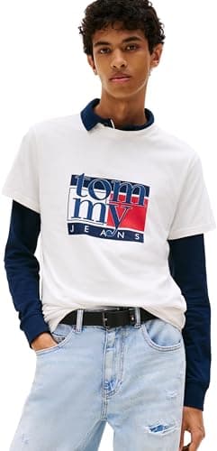 Image of Tommy Jeans Mens TJM Slim RWB Flag Tee Ext Dm0dm21977 S/S T-Shirt, White (Ancient White), M UK