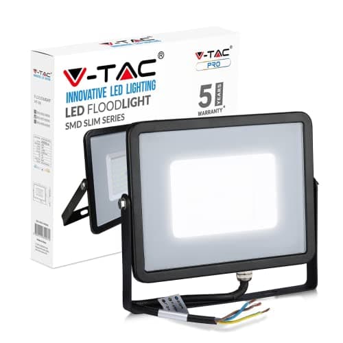 Image of V-TAC 50W Waterproof Outdoor Security Floodlight with Samsung LED Black Body Grey Glass IP65 4000K Day White 4000 lumens, Die Cast Aluminium, 50 W