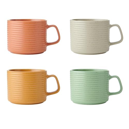 Image of KitchenCraft Idilica Stacking Stoneware Mugs, Set of Four Stackable Coffee Cups, Multi-Coloured, 4ml Capacity, Dishwasher and Microwave-Safe