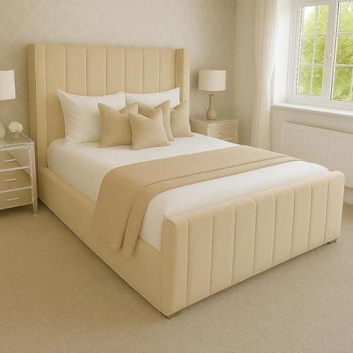 Image of Innovative Luxury Chesterfield Wiinged Bed Frame - Upholstered in Plush Velvet with Mattress/Gas Lift Options - UK Made (Beige Plush, Double 4ft6 Bed Frame)