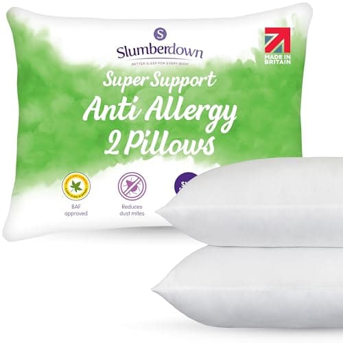 Image of Slumberdown Anti Allergy Super Support Pillows 2 Pack - Allergy UK Approved Side Sleeper Pillow for Allergy Sufferers | Core Foam Block, Anti Bacterial, UK Made & Washable (48 x 74cm)