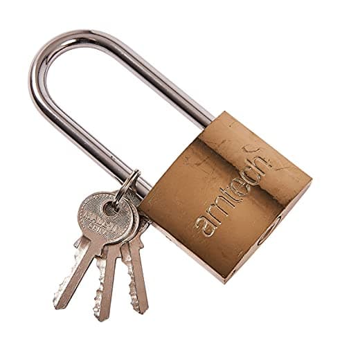 Image of Amtech 50 mm Long-Shackle Padlock, Brass-Plated Body with 7 mm Hardened Steel Shackle, Heavy-Duty Outdoor Lock for Sheds, Chains and Equipment (3 Keys)