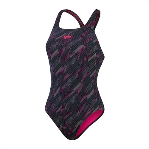 Image of Speedo Women's Boom Logo Allover Medalist Swimsuit | Quick Drying | Fitness | Lined | Chlorine Resistant Swimsuit, Black/Electric Pink/USA Ch, 28
