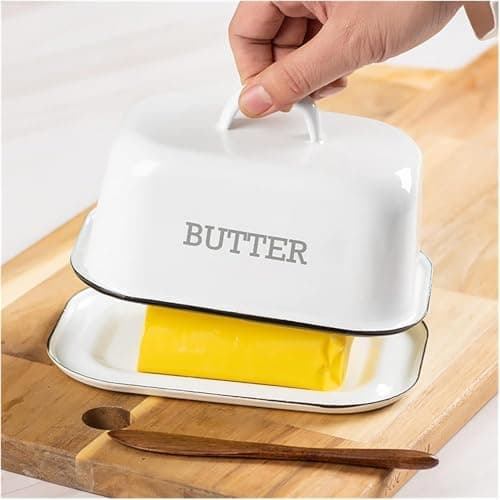 Image of Vintage Gourmet® White Traditional Enamel Steel Butter / Cheese Dish with Covered Lid & Handle 18cm W x 12cm H x 11cm D Retro Unbreakable Farmhouse Kitchen Decor Dinnerware Serveware Retro Nostalgia