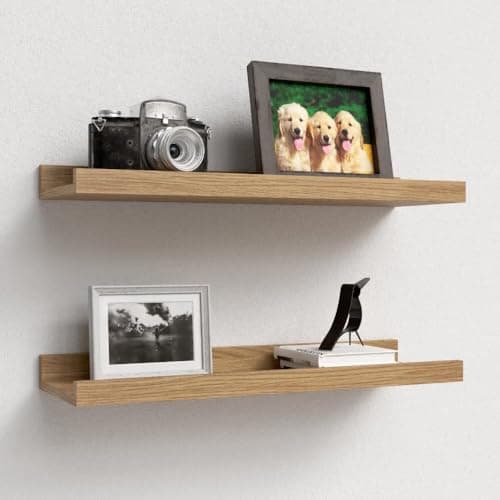 Image of RICHER HOUSE Oak Floating Shelves for Wall Set of 2, 40 CM Wood Floating Shelves Modern for Photo Ledge Display, Wall Decor, for Room Decor, Living Room, Bedroom, Bathroom, Kitchen, Laundry