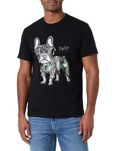 Image of Replay Men's T-Shirt Short Sleeve Crew Neck Dog Camouglage Print, 098 Black, L