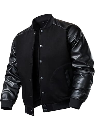 Image of FANARCHER Men’s Varsity Baseball Jacket Cotton Blend Letterman Jacket with Faux Leather Sleeve Bomber Coat, Black, M