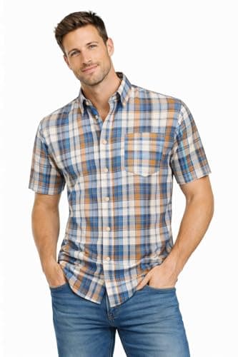 Image of Blu Apparel Men's Checked Shirt Mens Shirts Short Sleeve and Long Sleeve Cotton Casual Shirt for Men (UK, Alpha, XL, Regular, Regular, Blue/Tan)
