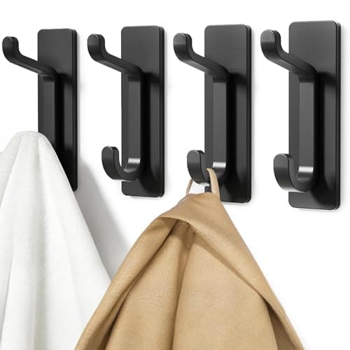 Image of Self Adhesive Hooks, Extra Sticky and Strong, Hanging up to 6KG, Heavy Duty Stick on, No-Nail Hook for Back of Door, Black, 4 Pack