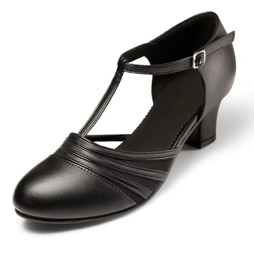 Image of Asyusyu T Bar Latin Ballroom Dance Shoes for Women Closed Toe Character Shoes Women Low Heel-Black, 7 UK