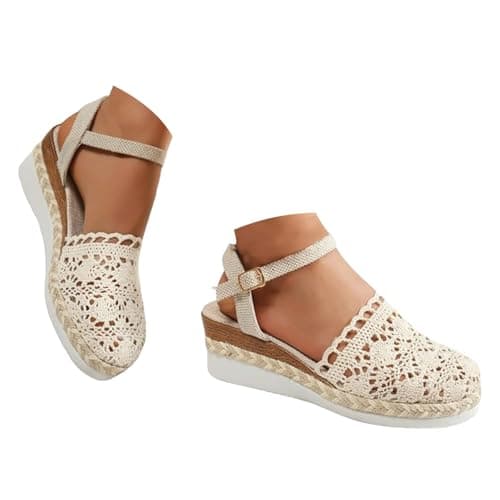 Image of Summer Shoes for Women Uk,With Arch Support Wide Fit Wedges Non-Slip Platform Sandals,Low Heels Closed Toe Summer Adjustable Ankle Strap Sandal,Slider Wide Fit Sandal Comfortable Walking Shoes