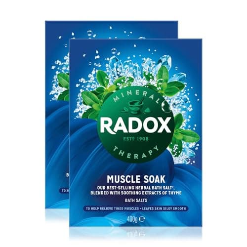 Image of Radox Muscle Soak Bath Therapy Thyme Scented Herbal Bath Salt with expertly Blended Herbs and Minerals to Soothe and soak Your Tired and Aching Muscles, 400g Multi Buy 2 Pack