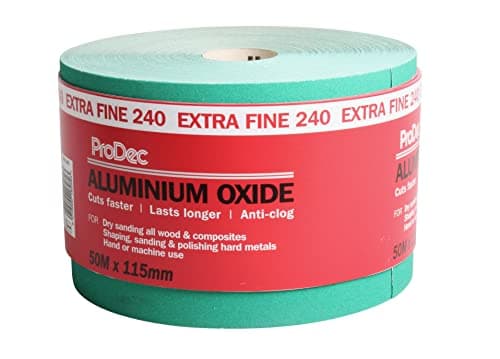Image of ProDec 50m Roll 240 Grit Extra Fine Grade Green Aluminium Oxide Abrasive Sanding Paper for Sanding Wood, Paint, Plaster, Filler, Metal and More, 115mm Wide Sandpaper Compatible with Machine Sanders