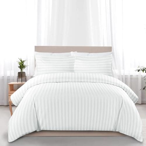 Image of My home store White King Size Duvet Cover Sets - 100% Cotton Hotel Quality Stripe Quilt Cover Bedding Sets with 2 Pillowcases - Hypoallergenic Button Closure Soft Breathable Bed Covers