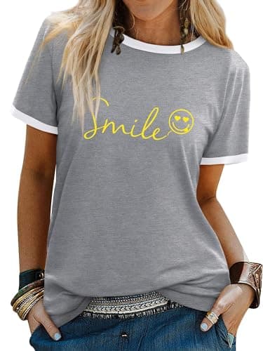 Image of Dresswel Womens T-Shirt Cute Funny Smile Face Graphic Print Tee Shirts Summer Tops(Grey, 2XL)