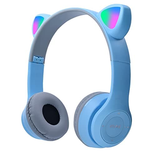 Image of arVin Wireless Kids Headphones, Bluetooth Kids Headset Over Ear with Microphone, Cat Ear LED Light Foldable Child Earphones for Girls Boys Gift Age 7+ (Blue)