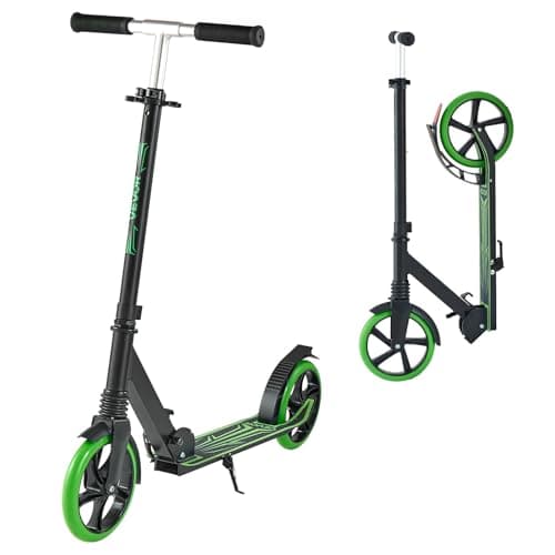 Image of VEVOR Kick Scooter for Kids Ages 8+, Teens & Adults, 2-Wheel Toddler Scooter with Adjustable Height Handlebar, Wide Anti-Slip Deck, Foldable Lightweight for Boys & Girls up to 220 lbs, Black + Green