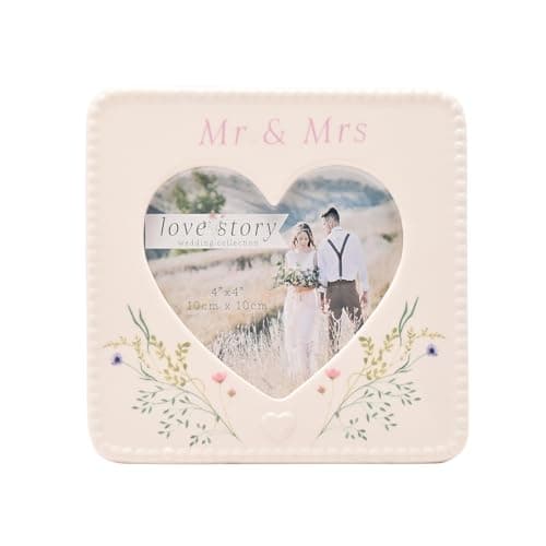 Image of Love Story Mr & Mrs Ceramic Photo Frame – 4x4 Heart-Shaped Wedding Picture Frame | Floral Design Keepsake Gift for Couples, Engagements & Anniversaries | Romantic Home Decor