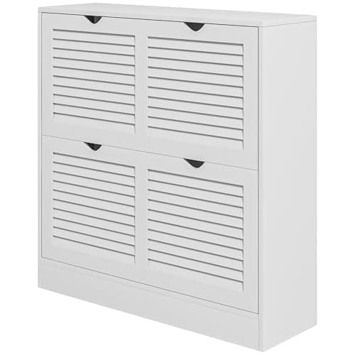 Image of HOMCOM Narrow Shoe Cabinet, 2 Flip Drawers Entryway Shoe Storage Cabinet with Louvred Doors, Adjustable Shelves, Space-Saving, Holds up to 16 Pairs of Shoes, White