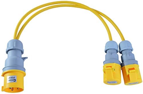 Image of 110V 32 AMP Plug to 2x 16 AMP Sockets Splitter 2 Way 2.5mm Arctic Yellow Cable