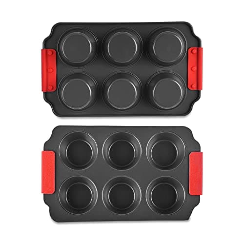Image of Zuvo Non-Stick 6 Cup Muffin Tray with Silicone Handles Dishwasher Safe Cupcake Pan Muffin Tray with Stain-Resistant Baking Mould for Cupcakes Bakeware, Black