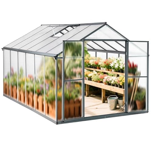 Image of Euboer 8 x 12ft Aluminium Greenhouse for the Garden, Walk-In Green House with Door and Window, Garden Green House with Aluminium Frame and Foundation, Grey