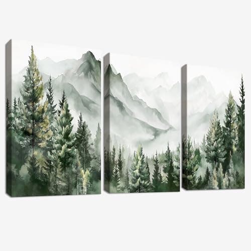Image of 3 Pcs Wooden Framed Watercolor Mountain Range Canvas Wall Art Canvas Prints Green Forest Tree Modern Wilderness Painting Picture for Living Room Bedroom Hallway Home Wall Decor 90x40cm(12"x16"x3pcs)
