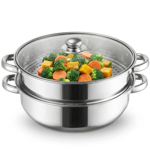 Image of ZENFUN Steamer for Cooking, 2 Tier Stack and Steam Pot Set With Glass Lid, Stainless Steel Double Handle, 11 Inch (Thickened)