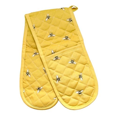 Image of BlissLo Cotton Double Oven Gloves Heat Resistant, Machine Washable Oven Gloves Double Protects Hands, Attached Oven Mitts Durable, Heat Proof Pot Holders for Kitchen with Hanging Loop - Yellow Flower