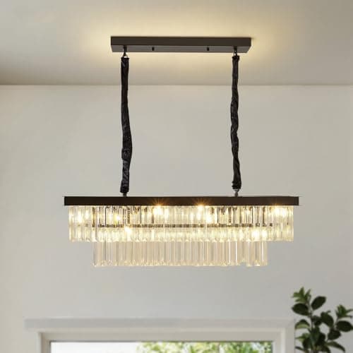 Image of Warmiehomy Modern Crystal Chandelier Lighting,8 Lights Chandeliers Pendant Light Fixtures with E14 Base,Black Sqaure Crystal Celing Lights for Bedroom Living Room Hallway,80cm x 85cm