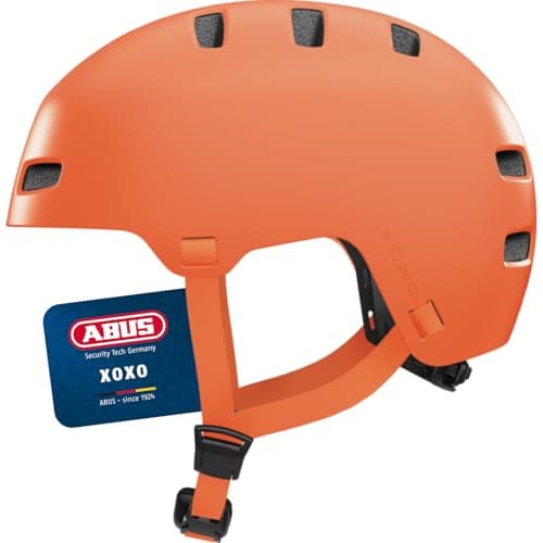 Image of ABUS XOXO bicycle helmet – city helmet in skater look – helmet for skateboards, bicycles, scooters – with optimised chin padding – for teenagers and adults – size L, mono orange