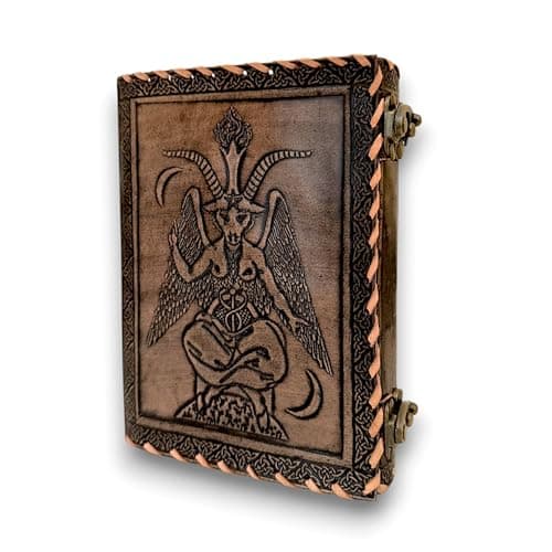 Image of RAQI CRAFTS premium handmade leather journal – Embossed Sigil of Baphomet, Satanic Book of Shadows design, Perfect for spells, travel diary, or vintage-style gift, 8x6in Brushed Bronze color