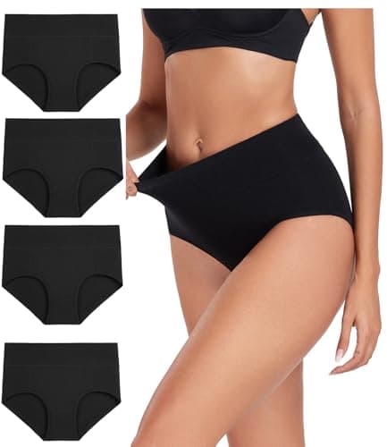 Image of wirarpa Underwear Women High Waist Cotton Knickers Ladies Panties Full Coverage Briefs Underpants Plus Size Dark Black 4 Pack L