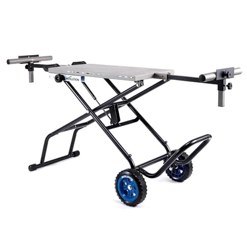 Image of Evolution Power Tools, MCS Stand, Mitering Chop Saw Stand with Powerlift Assist | Heavy-Duty Steel Frame, All-Terrain Wheels, Compatible S355CPS, R355CPS, Gas-Strut Lift