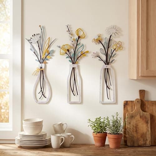 Image of HUASUN Metal Floral Wall Art, Set of 3 Rustic Boho Farmhouse Hanging Sculptures, Modern Home Decor for Living Room, Bedroom, Kitchen (White)