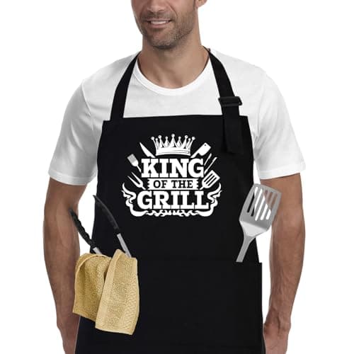 Image of APRONPANDA King of The Grill Apron, BBQ Aprons for Men with Pockets, Christmas Gifts for Men Him Dad, Professional Cooking Chef Cotton Apron for Kitchen,Baking