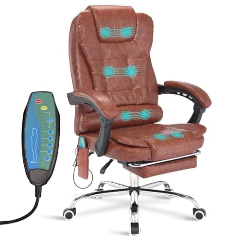 Image of Blisswood 8-Point Massage Office Chair with Footrest & Lumbar Support - Faux Leather Executive 360° Swivel PC Desk Chair for Home, Office & Gaming Room - 135° Recline, Adjustable Height (Waxy Brown)