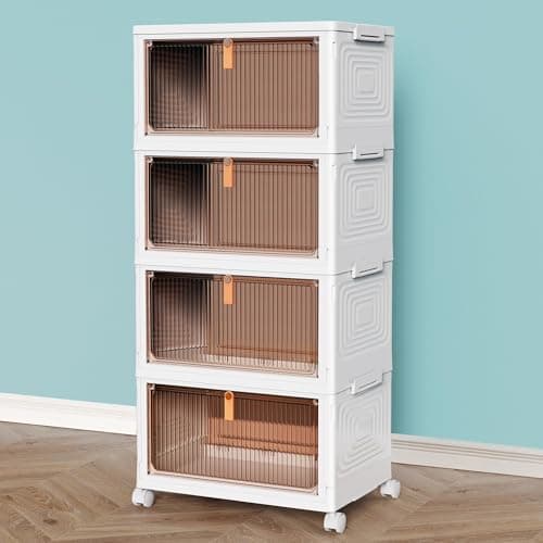 Image of TidyTrove Storage Boxes with Lid, 4-Tier Plastic Stackable Storage Boxes with 1 Lid 23L/Tier, Folding Storage Bins with Wheels, Storage Organizer for Bedroom Living Room Study Office