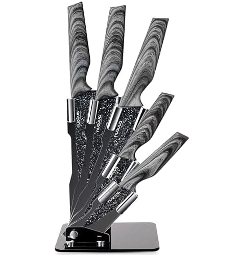 Image of Kitchen Knife Block Set - Granite 5 Piece Knives Set with Clear Acrylic Block - Wood Affect Handle - Stainless Steel Blades - by Nuovva